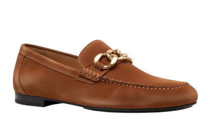 Brown suede loafer shoe with gold chain detail on black background footwear fashion