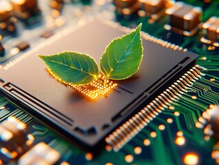 Green Technology Concept: Sustainable Innovation with Glowing Leaves on Circuit Board