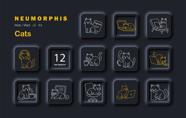 Cats set icon. Shows cat with laptop, diploma, chair, tea cup, headphones, paper, phone, fish, scratching, number badge