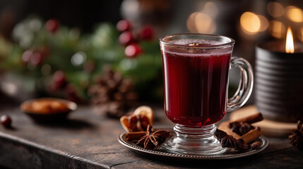Glass of mulled wine display, seasonal beverage presentation, winter warming drink showcase, holiday festive refreshment, Christmas spiced libation, cold weather comfort beverage, with copy space