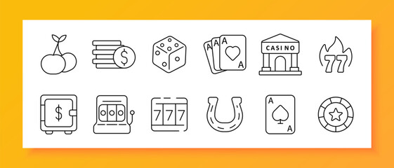 Casino gambling set icon. Cards, dice, chips, slot, jackpot, safe, horseshoe, fire, coin, fruit, money, bet, play, entertainment, poker, luck, risk, fortune, prize, winner
