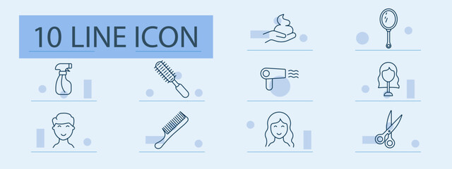 Haircare set icon. Line icons with spray, cream, brush, mirror, dryer, face, scissors, head, hairstyle, grooming tools, reflection
