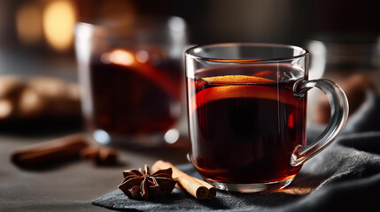 Hot mulled wine on desk and winter time, seasonal beverage on surface, cold weather drink display, holiday refreshment presentation, festive warming libation, with copy space