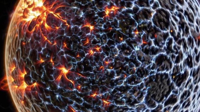 cracked planet crust with lava vents revealing cellular fracture network, pulsing hotspots, seismic rumble, mantle heat, mining drone survey, alien geology closeup, dramatic contrast