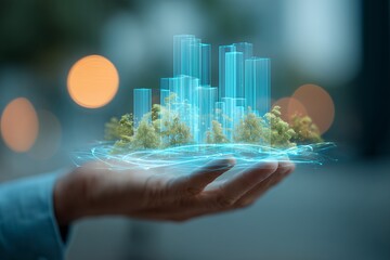 Professional's hand holding glowing holographic smart city model with green trees and blue light trails, concept for future urban planning, sustainable technology and digital architecture development