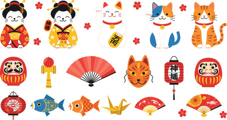 Fototapeta premium Japanese Lucky Cat and Traditional Festival Icons Set with Daruma Fans Lanterns Origami and Kimono Characters Vector