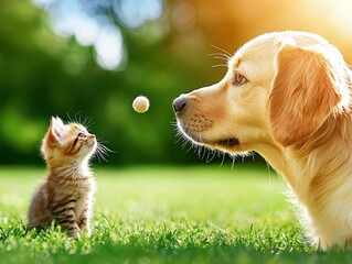 Adorable Golden Retriever and Cute Kitten Playful Encounter with Toy Ball in Sunny Green Grass