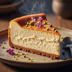 close-up of a slice of creamy cheesecake with a perfectly golden-brown top