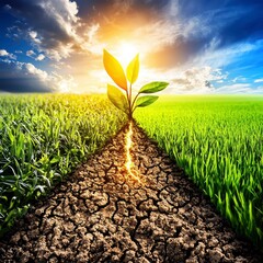 Glowing Plant Growing in Cracked Earth - Hope for Environmental Growth and Sustainable Future