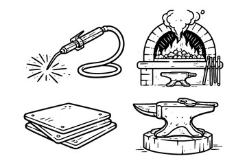 Blacksmith workshop tools and forge in hand drawn style for craftsmanship themes