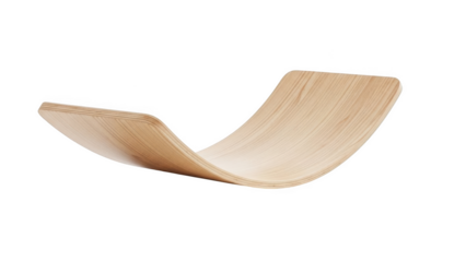 Curved light wood balancing board with visible grain on black background wooden