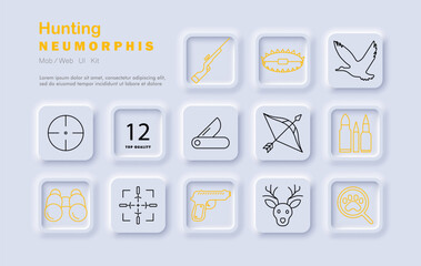 Hunting set icon. Rifle, trap, duck, target, knife, bow, bullets, binoculars, crosshair, pistol, deer, footprint forest wildlife and gear for tracking.