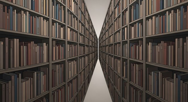 Two towering bookshelves filled with countless books creating a deep, symmetrical perspective in a vast library.