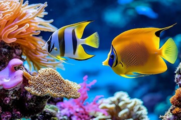 Vibrant underwater scene featuring a coral reef and fish.
