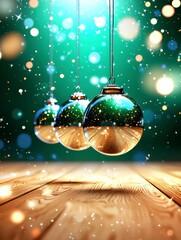 Elegant Christmas Ornaments on Wooden Table with Bokeh and Sparkle, Festive Holiday Background