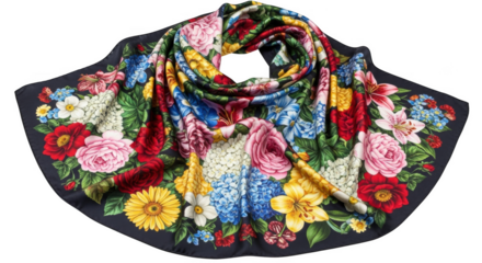 Dark silk scarf with vibrant floral print featuring roses lilies gerbera daisies and hydrangeas dark background
