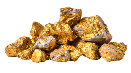 A small mountain of raw gold nuggets, rough and uneven, on a white background, symbolizing wealth and prosperity with precious and metal and mining