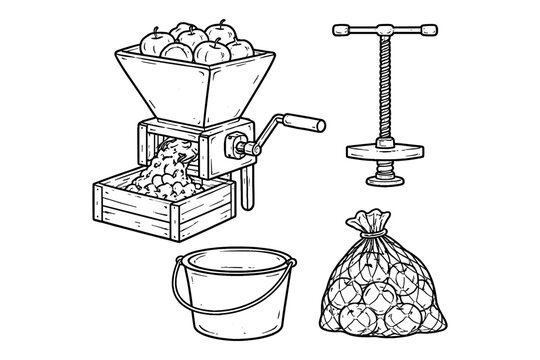 Apple pressing tools set: hand drawn vintage cider making equipment