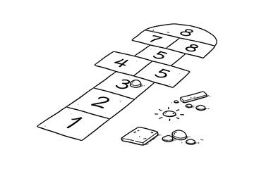 Hopscotch game layout with stones in hand-drawn doodle style