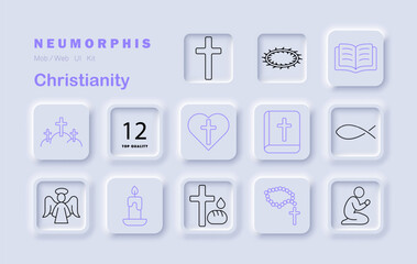 Christianity set icon. Displays cross, angel, candle, heart, rosary, crown, Bible, fish, prayer, bread, and church symbols in soft neumorphic tiles