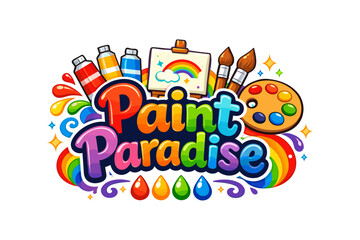 Fototapeta premium Colorful paint art supplies with palette, brushes, and rainbow theme