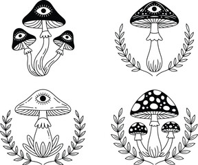 Black and white mushroom silhouette illustration vector set white background