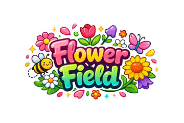 Colorful floral cartoon design featuring flowers, bee, and butterfly