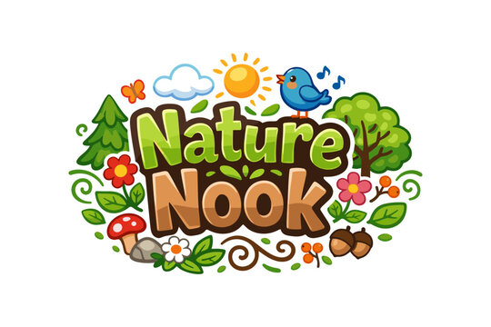 Playful nature logo with colorful cartoon elements and whimsical font