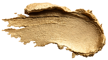 Golden smear of metallic clay or putty with finger indentation on white background, texture of gold paint or makeup with cosmetics and shiny