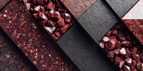 Abstract arrangement of red crystals and dark slate tiles