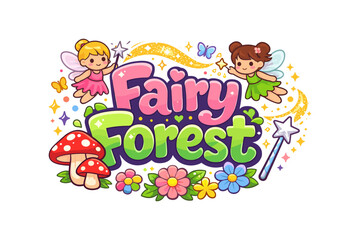 Obraz premium Colorful fairy forest with magic elements and cute cartoon fairies