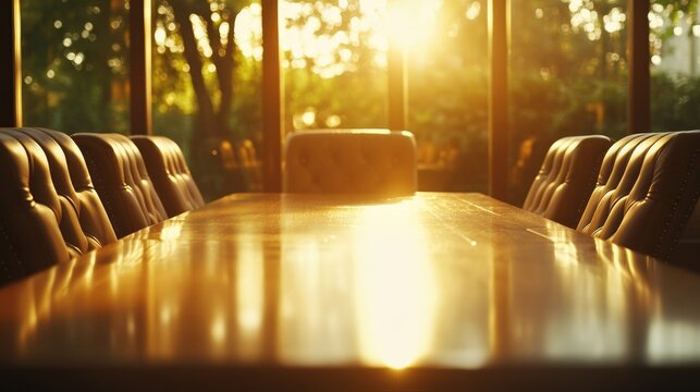 Modern conference room with natural light and dark leather chairs around a sleek table, ready for a professional meeting or presentation. - Powered by Adobe
