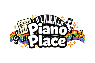 Obraz premium Vibrant musical logo with piano keys and colorful notes