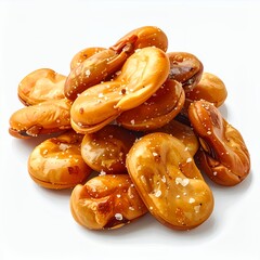 Heap of golden broad beans roasted and salted against a clean white backdrop