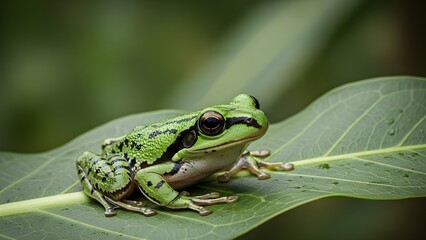 Obraz premium Green frog sitting on a leaf in a lush green environment 