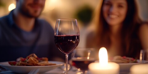 A romantic setting at a restaurant with lit candles and wine glasses.