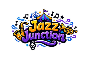 Vibrant jazz festival logo with musical instruments and carnival theme