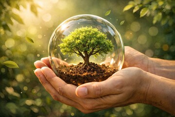 Hands holding glass sphere with green tree and soil inside symbolizing nature protection and environmental care