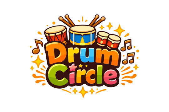 Colorful drum circle with cartoon percussion instruments and musical notes