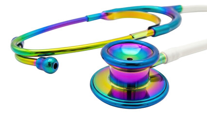Iridescent rainbow colored stethoscope with white tubing on black background medical equipment healthcare