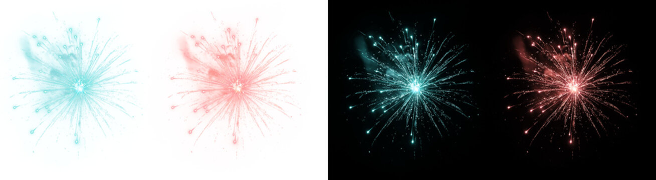 PNG image of Collection of four vibrant exploding fireworks bursts featuring cyan and red light effects on transparent background