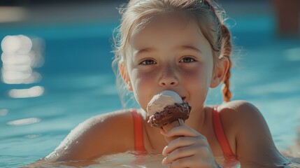 A young girl with pigtails holds a chocolate-covered ice cream cone and smiles while floating in clear water at the beach.