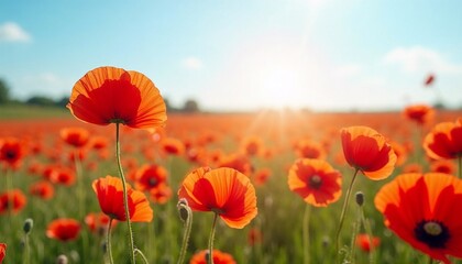 Fototapeta premium Vibrant red poppies blooming in a sunny field at daytime 