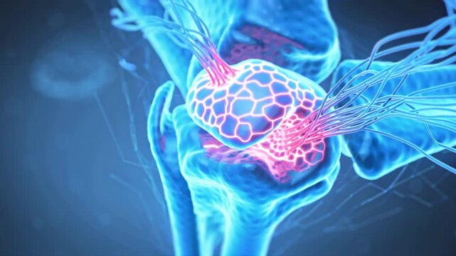 3D animation human knee joint, damaged cartilage being collagen fibers microscopic level, glowing collagen strands weaving tissue joint movement, realistic anatomy, cinematic lighting, blue pink tones