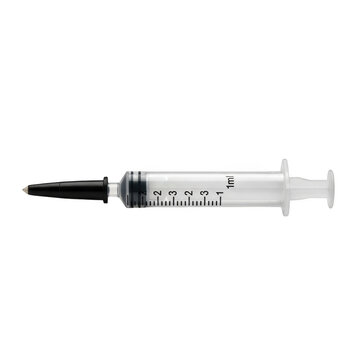 One milliliter clear plastic syringe with black tip and measurement markings on a black background medical