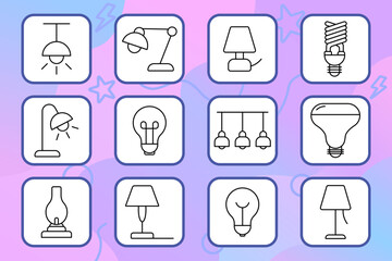 Lamp set icon. Ceiling lamp, table lamp, LED, bulb, chandelier, oil lamp, floor light, spotlight interior lighting devices for home, office, and decoration using various light sources.
