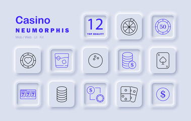 Casino set icon. Chips, drink, cards, slot, dice, coin, cocktail, layout, roulette, balance gambling tools for game, chance, entertainment, risk, win, play, currency