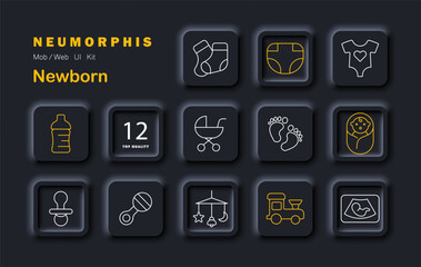 Newborn set icon. Bottle, stroller, diaper, socks, onesie, feet, pacifier, toy, swaddle, scan, mobile, train in outlined neumorphic baby theme.