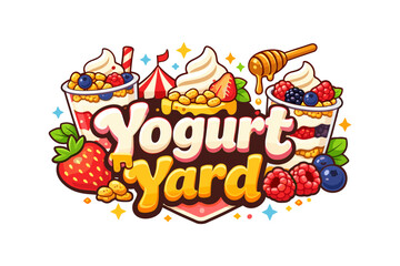 Colorful cartoon yogurt dessert design with berries and honey elements