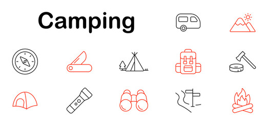 Camping set icon. Tent, compass, backpack, map, caravan, knife, flashlight, binoculars, fire, path, trail sign, axe, camper, outdoor, travel, forest, mountain, survival.
